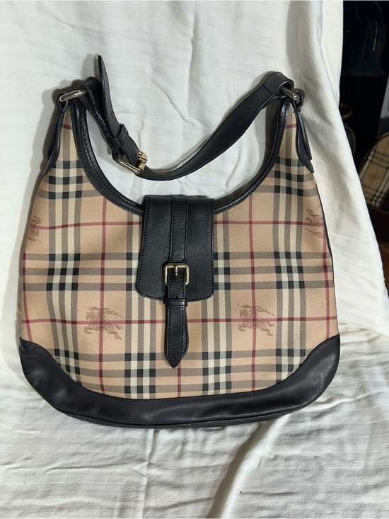 Burberry Handbags - Burberry Beige Check Canvas Hobo with Black Trim